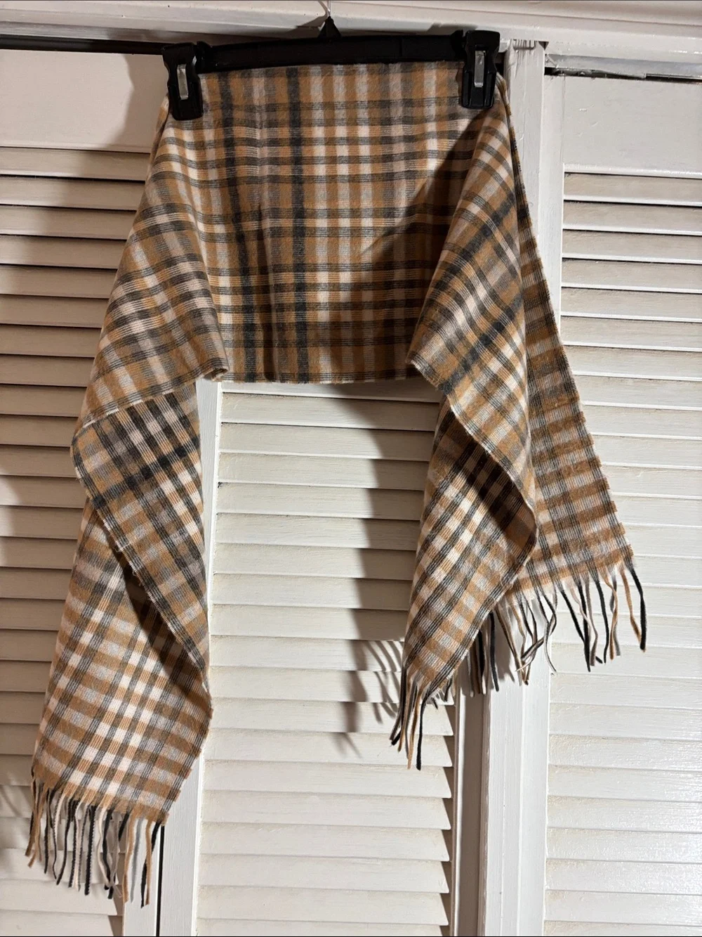 Plaid Fringe Scarf in Tan and Gray
